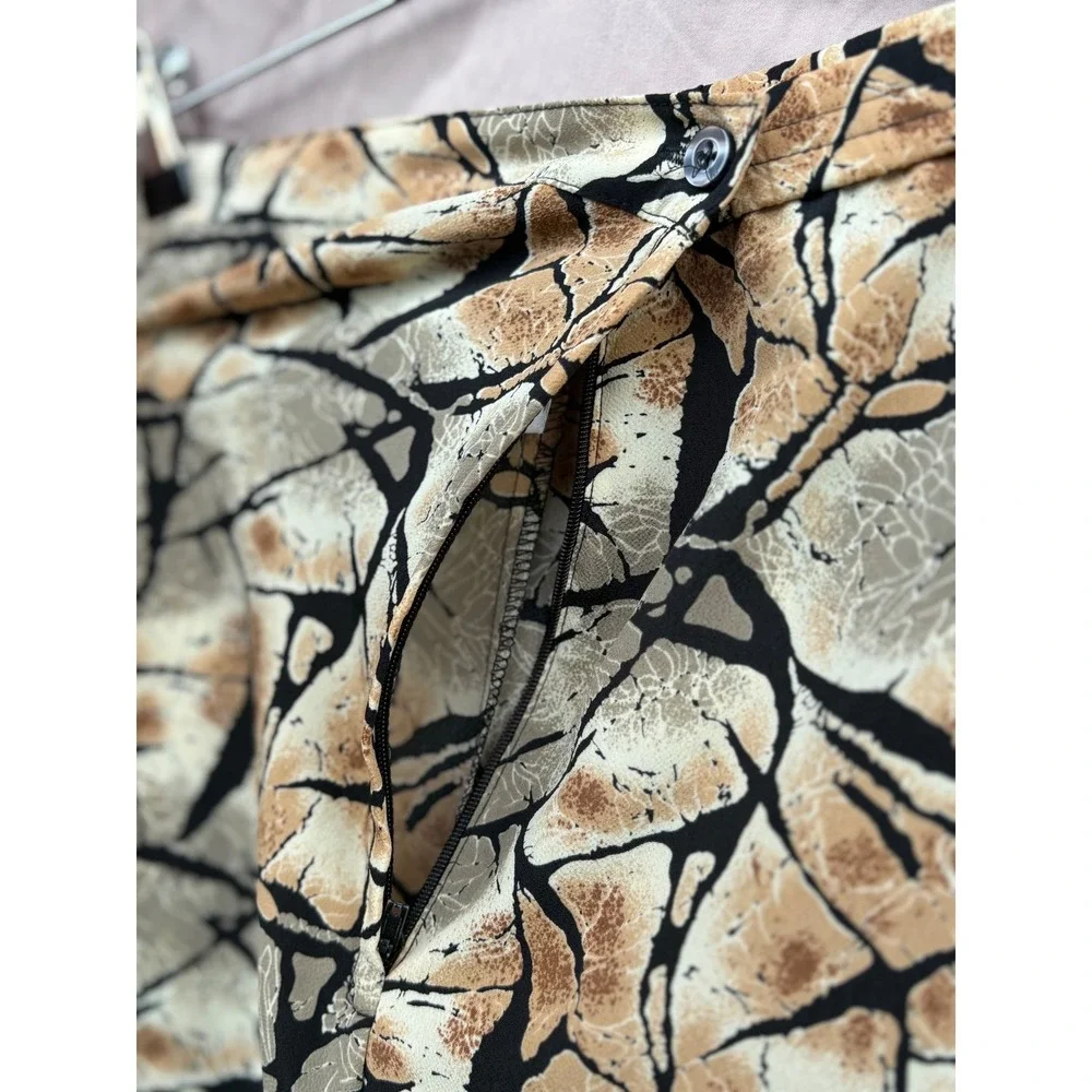 Voir Abstract Crackle Print Midi Skirt Tan Beige Black Side Zip Women's Size M - Picture 4 of 13